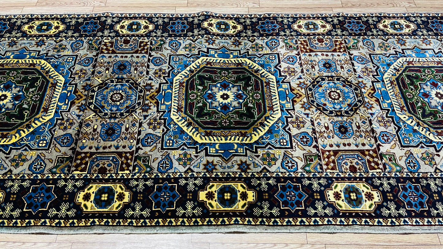 One of a Kind, Pure Wool, Naturally Dyed, Hand Knotted, Fine Afghan Tribal Mamluk Runner Rug – 12’ 10’’ x 2’ 8’’