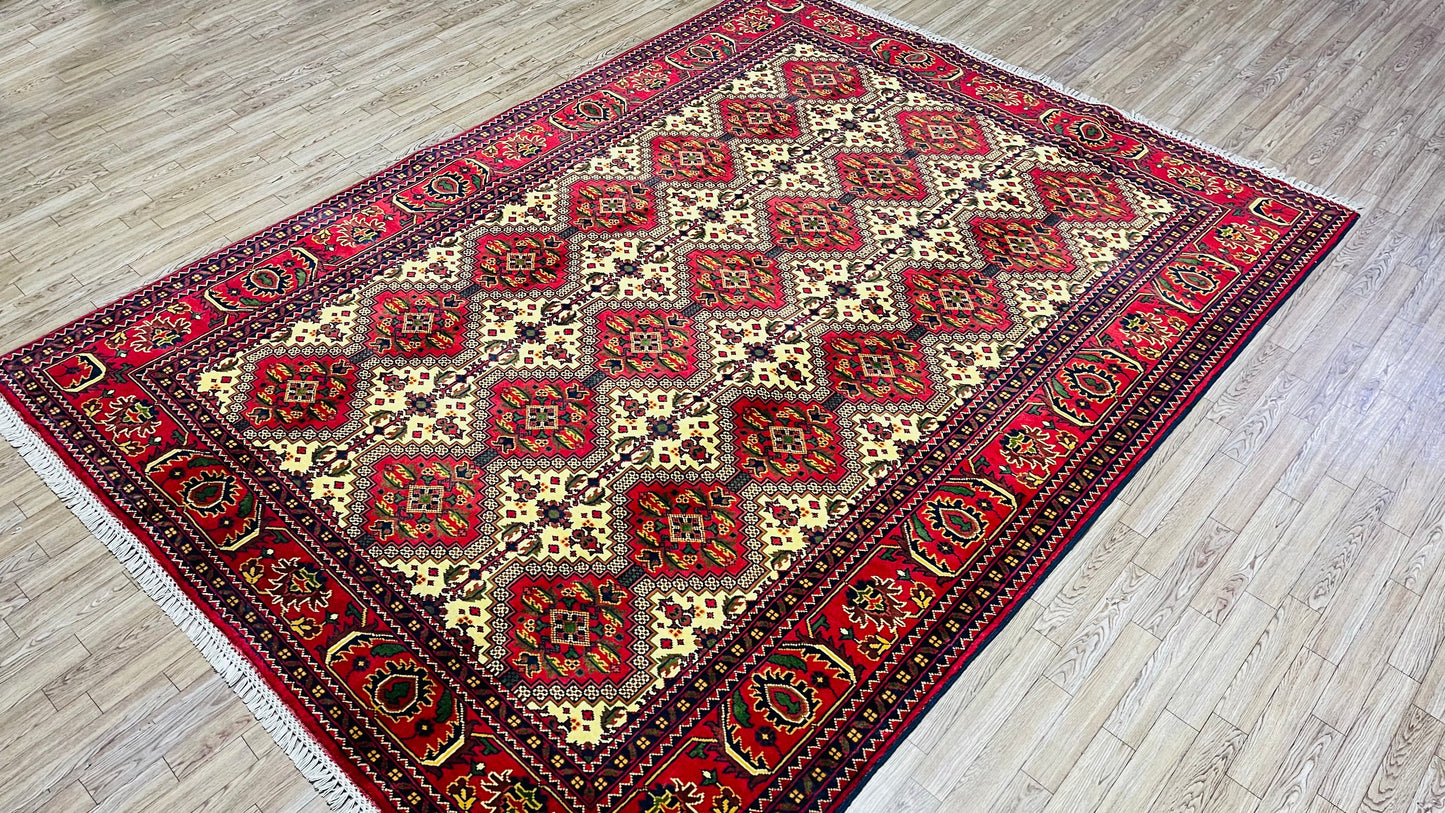 One of a Kind, Pure Wool, Naturally Dyed, Hand Knotted, Fine Afghan Tribal Merinos Area Rug – 7’ 8’’ x 5’ 7’’