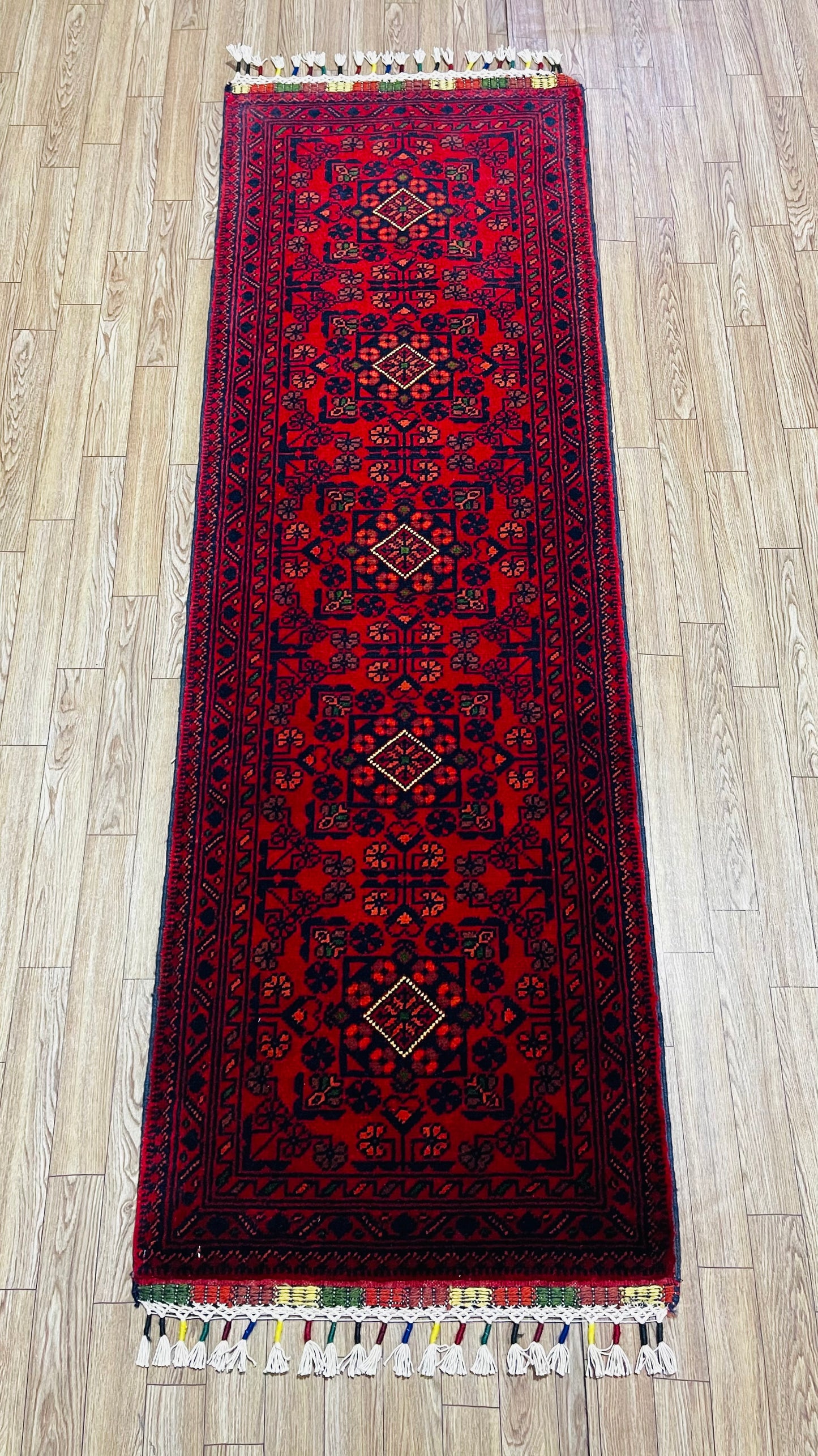 Pure Wool, Naturally Dyed, Hand Knotted, Fine Afghan Traditional Khal Mohammadi Runner Rug - 5' 0'' x 1' 8''