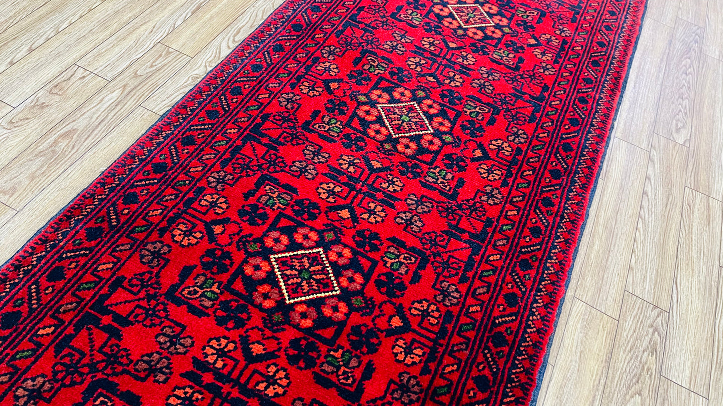 Pure Wool, Naturally Dyed, Hand Knotted, Fine Afghan Traditional Khal Mohammadi Runner Rug - 5' 0'' x 1' 8''