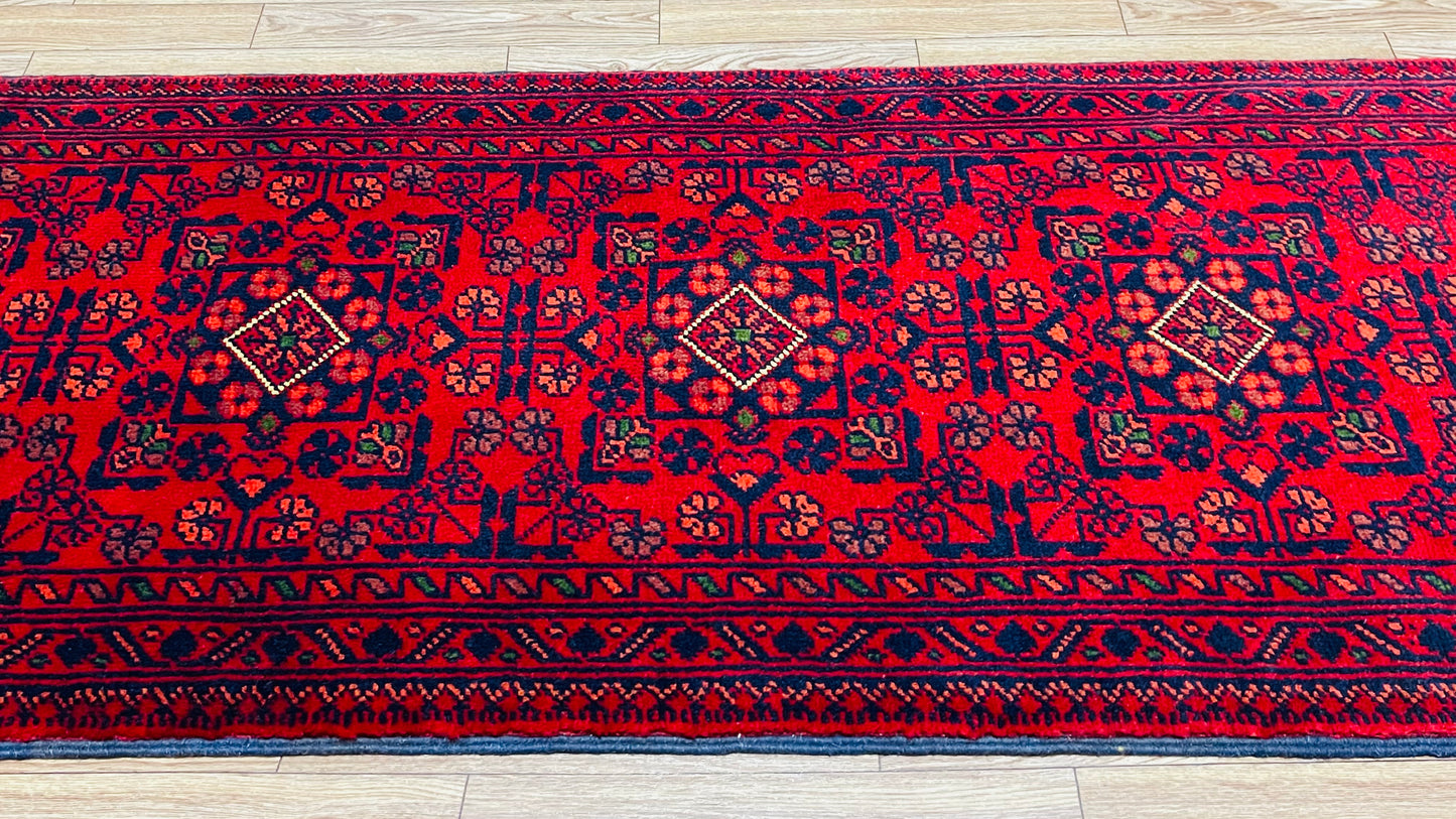 Pure Wool, Naturally Dyed, Hand Knotted, Fine Afghan Traditional Khal Mohammadi Runner Rug - 5' 0'' x 1' 8''