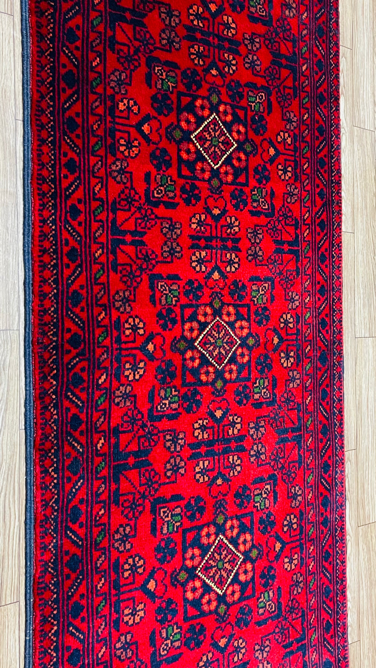 Pure Wool, Naturally Dyed, Hand Knotted, Fine Afghan Traditional Khal Mohammadi Runner Rug - 5' 1'' x 1' 8''