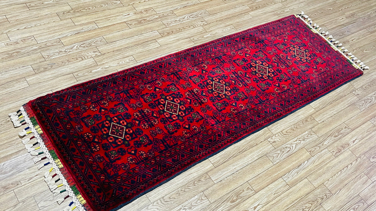 Pure Wool, Naturally Dyed, Hand Knotted, Fine Afghan Traditional Khal Mohammadi Runner Rug - 5' 1'' x 1' 8''