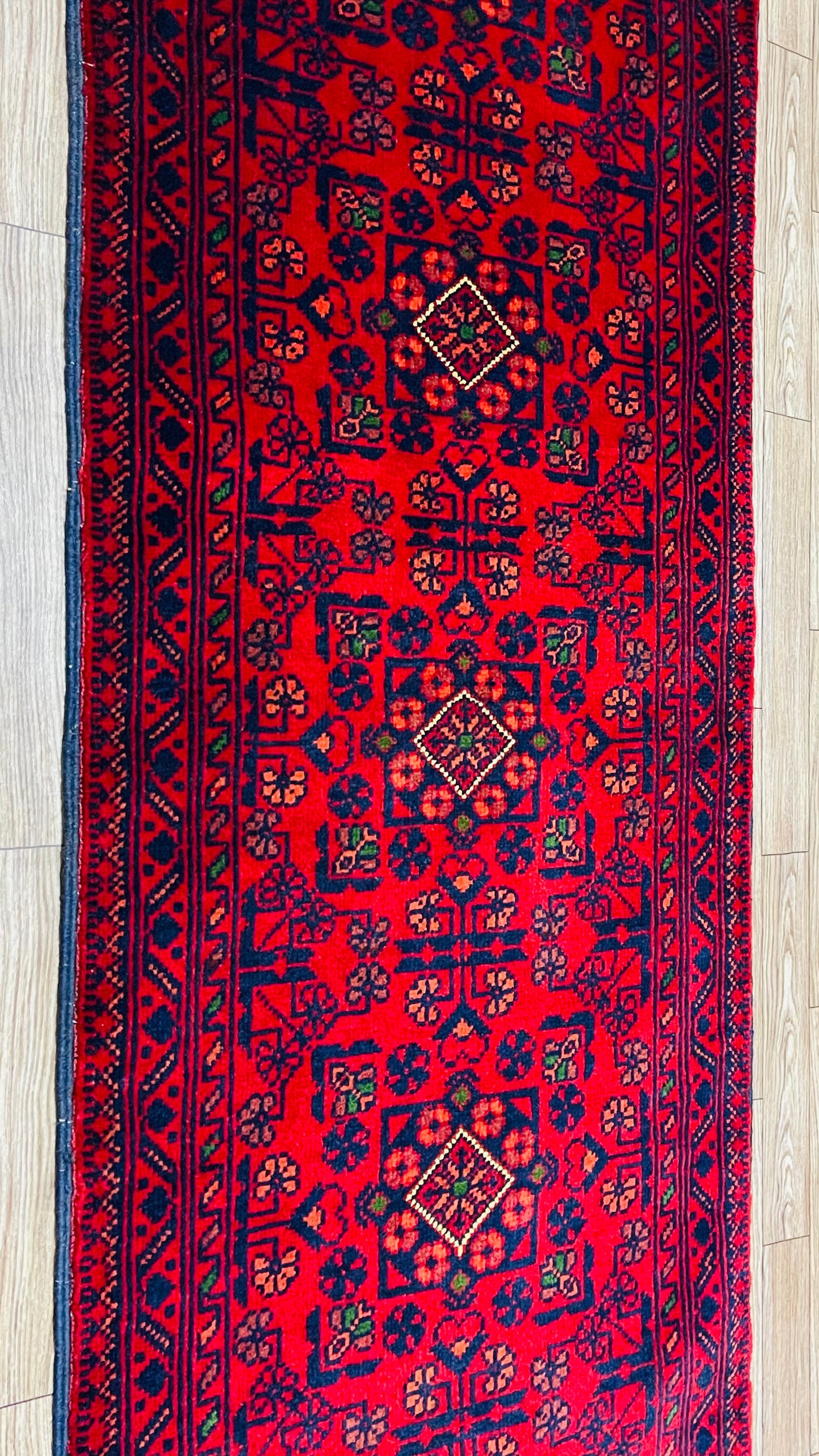 Pure Wool, Naturally Dyed, Hand Knotted, Fine Afghan Traditional Khal Mohammadi Runner Rug - 5' 1'' x 1' 8''