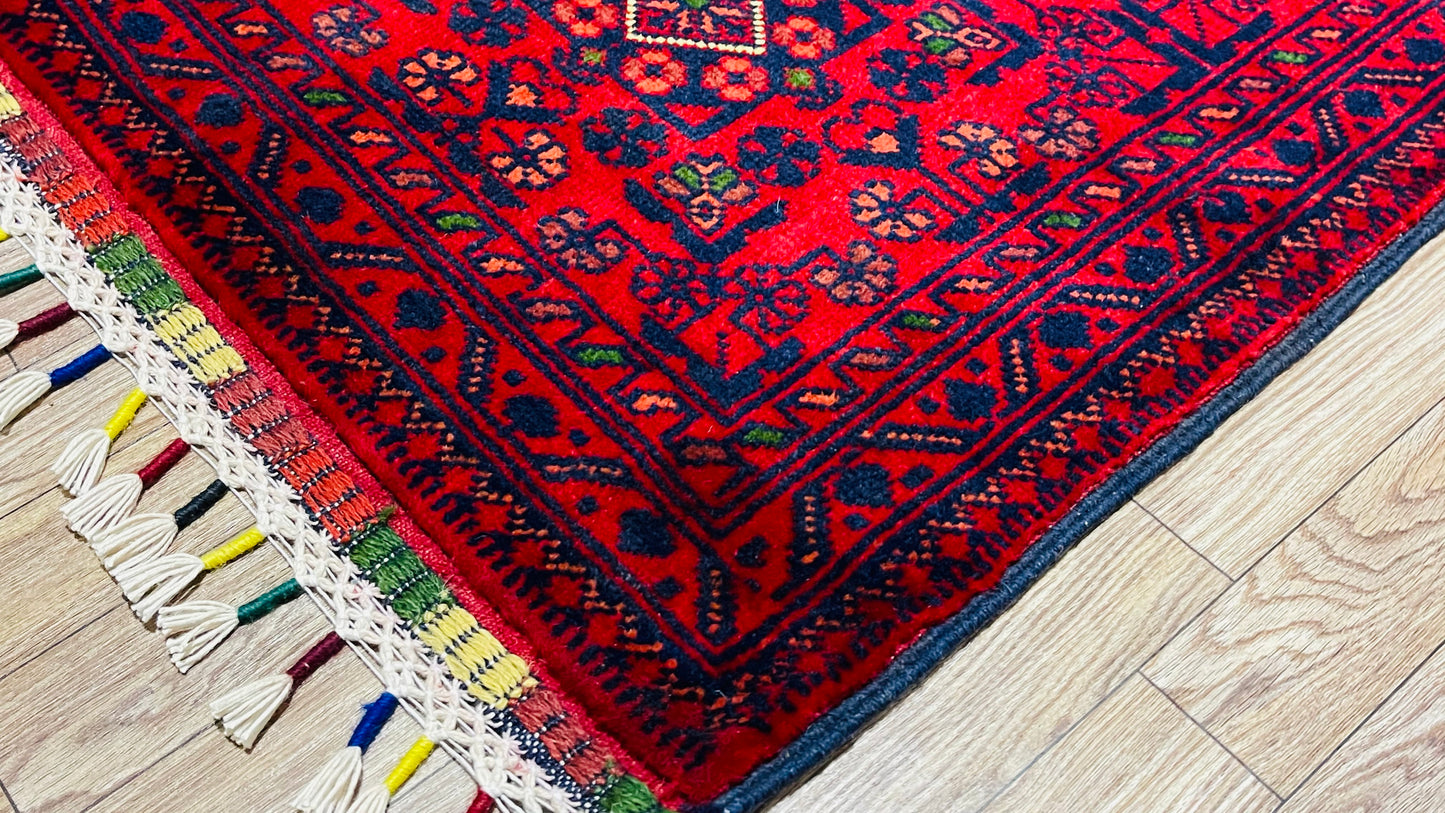 Pure Wool, Naturally Dyed, Hand Knotted, Fine Afghan Traditional Khal Mohammadi Runner Rug - 5' 1'' x 1' 8''