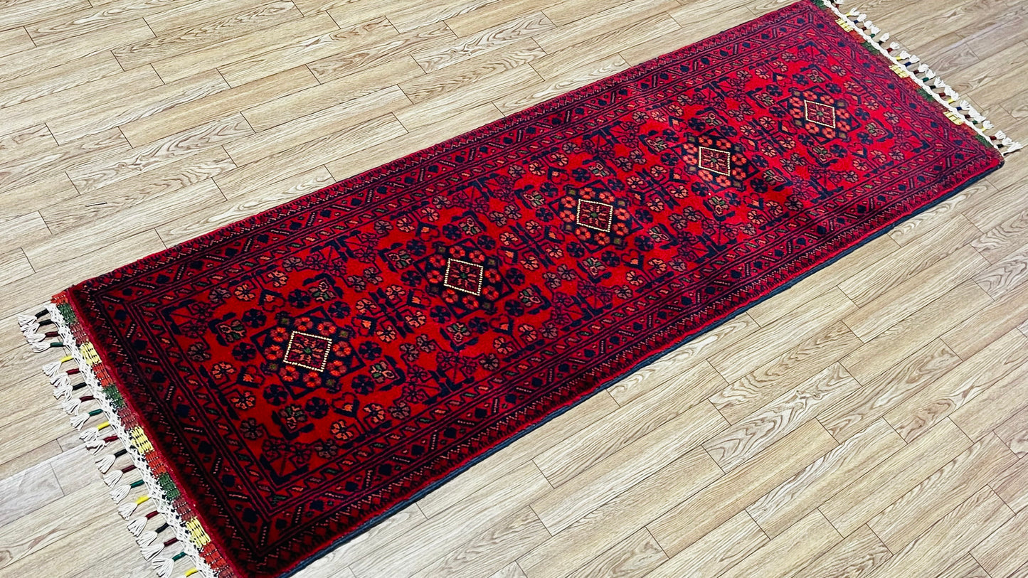 Pure Wool, Naturally Dyed, Hand Knotted, Fine Afghan Traditional Khal Mohammadi Runner Rug - 5' 1'' x 1' 8''