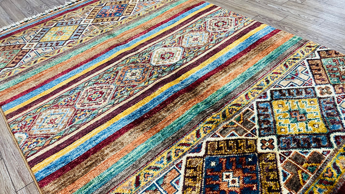 One of a Kind, Pure Wool, Naturally Dyed, Hand Knotted, Fine Afghan Tribal Khorjin Area Rug - 4' 2'' x 2' 9''