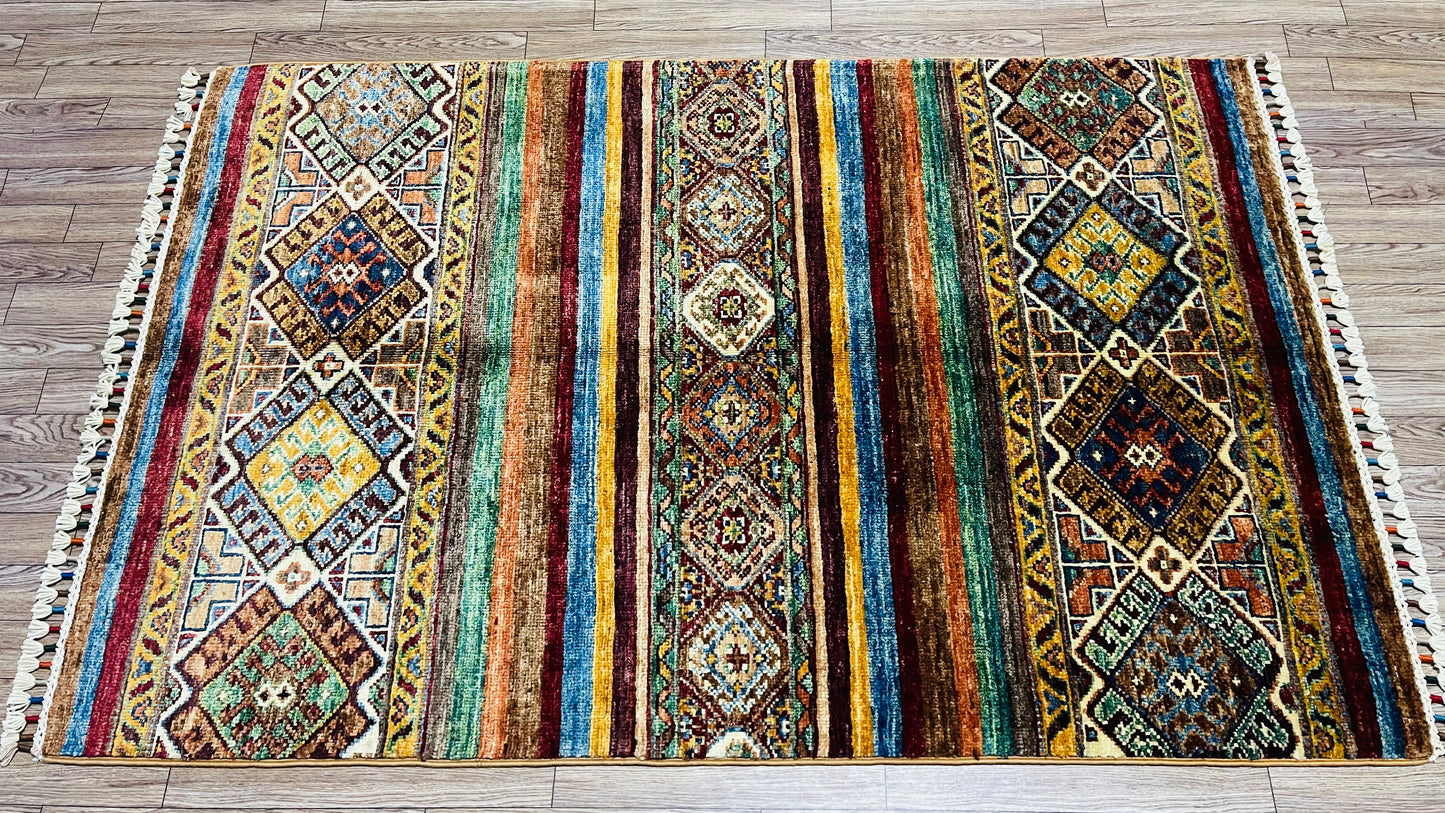 One of a Kind, Pure Wool, Naturally Dyed, Hand Knotted, Fine Afghan Tribal Khorjin Area Rug - 4' 2'' x 2' 9''