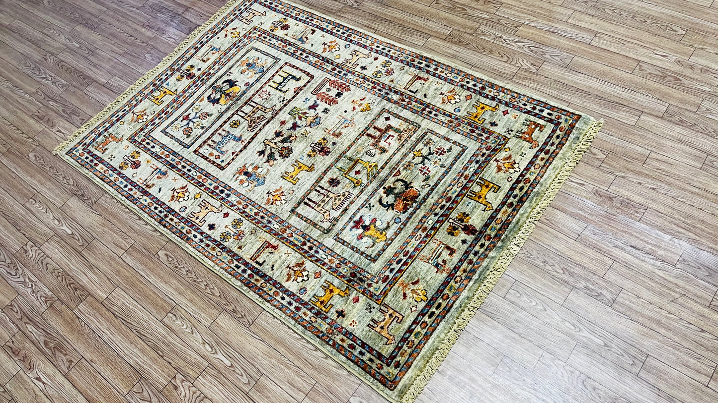 One of a Kind, Pure Wool, Naturally Dyed, Hand Knotted, Fine Afghan Traditional Chobi Area Rug – 3’ 12’’ x 2’ 11’’