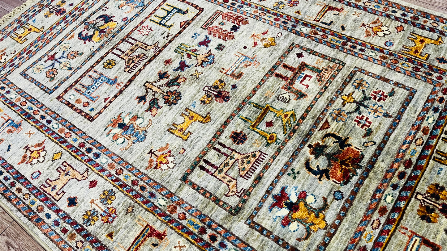 One of a Kind, Pure Wool, Naturally Dyed, Hand Knotted, Fine Afghan Traditional Chobi Area Rug – 3’ 12’’ x 2’ 11’’