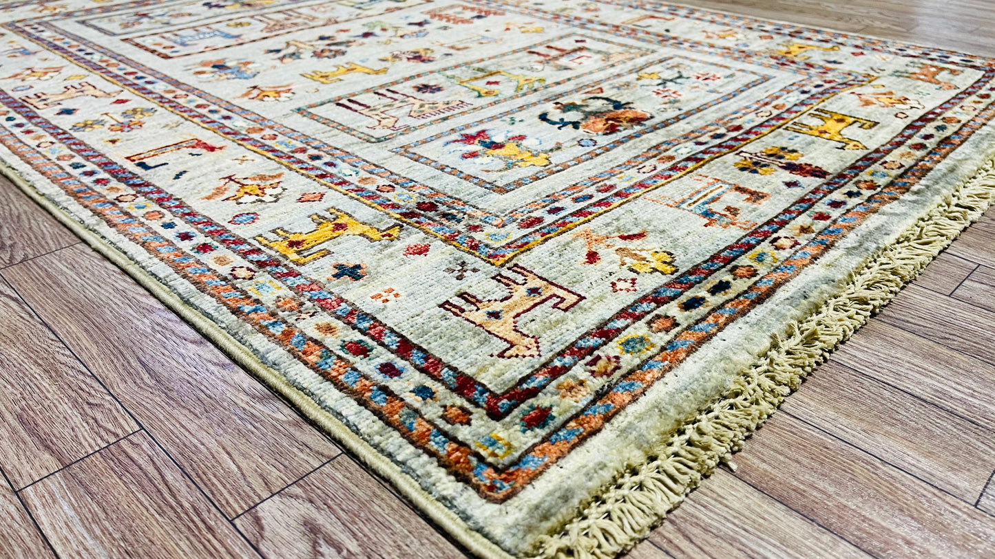 One of a Kind, Pure Wool, Naturally Dyed, Hand Knotted, Fine Afghan Traditional Chobi Area Rug – 3’ 12’’ x 2’ 11’’