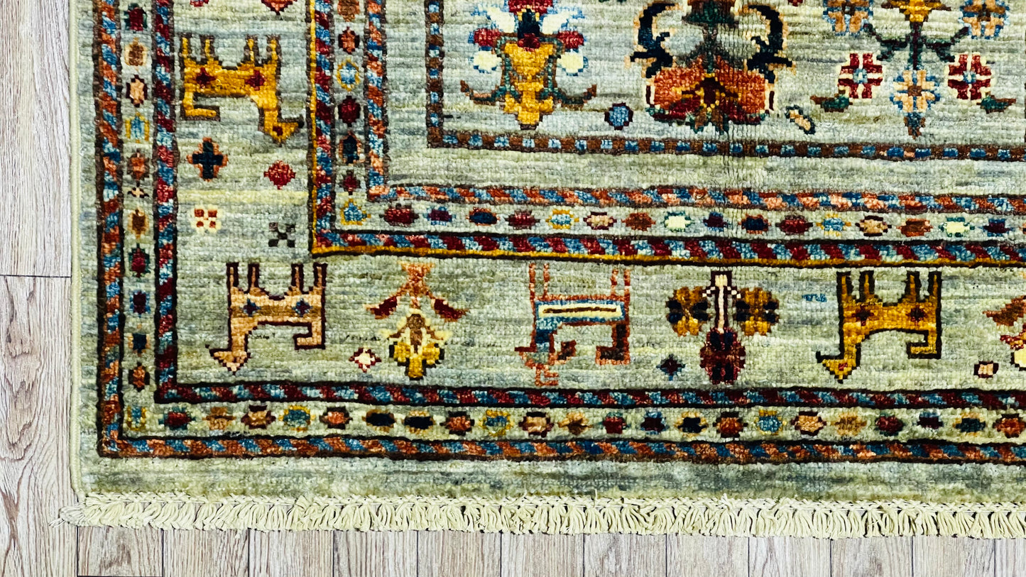 One of a Kind, Pure Wool, Naturally Dyed, Hand Knotted, Fine Afghan Traditional Chobi Area Rug – 3’ 12’’ x 2’ 11’’