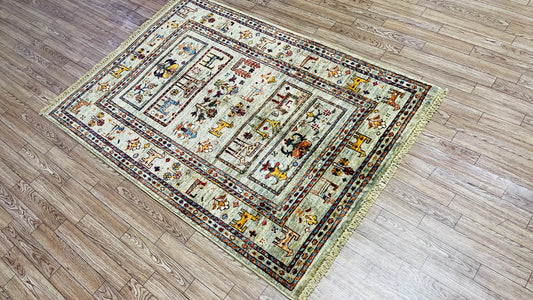 One of a kind, Pure Wool, Naturally Dyed, Hand Knotted, Fine Afghan Traditional Chobi Area Rug – 3’ 12’’ x 2’ 11’’