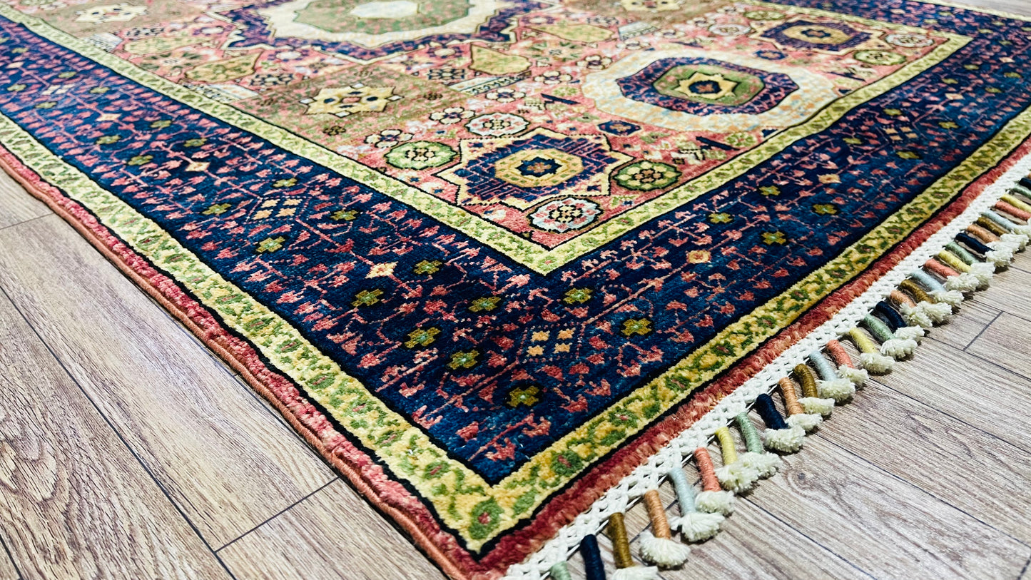 One of a Kind, Pure Wool, Naturally Dyed, Hand Knotted, Fine Afghan Tribal Khorjin Area Rug – 4’ 9’’ x 3’ 3’’