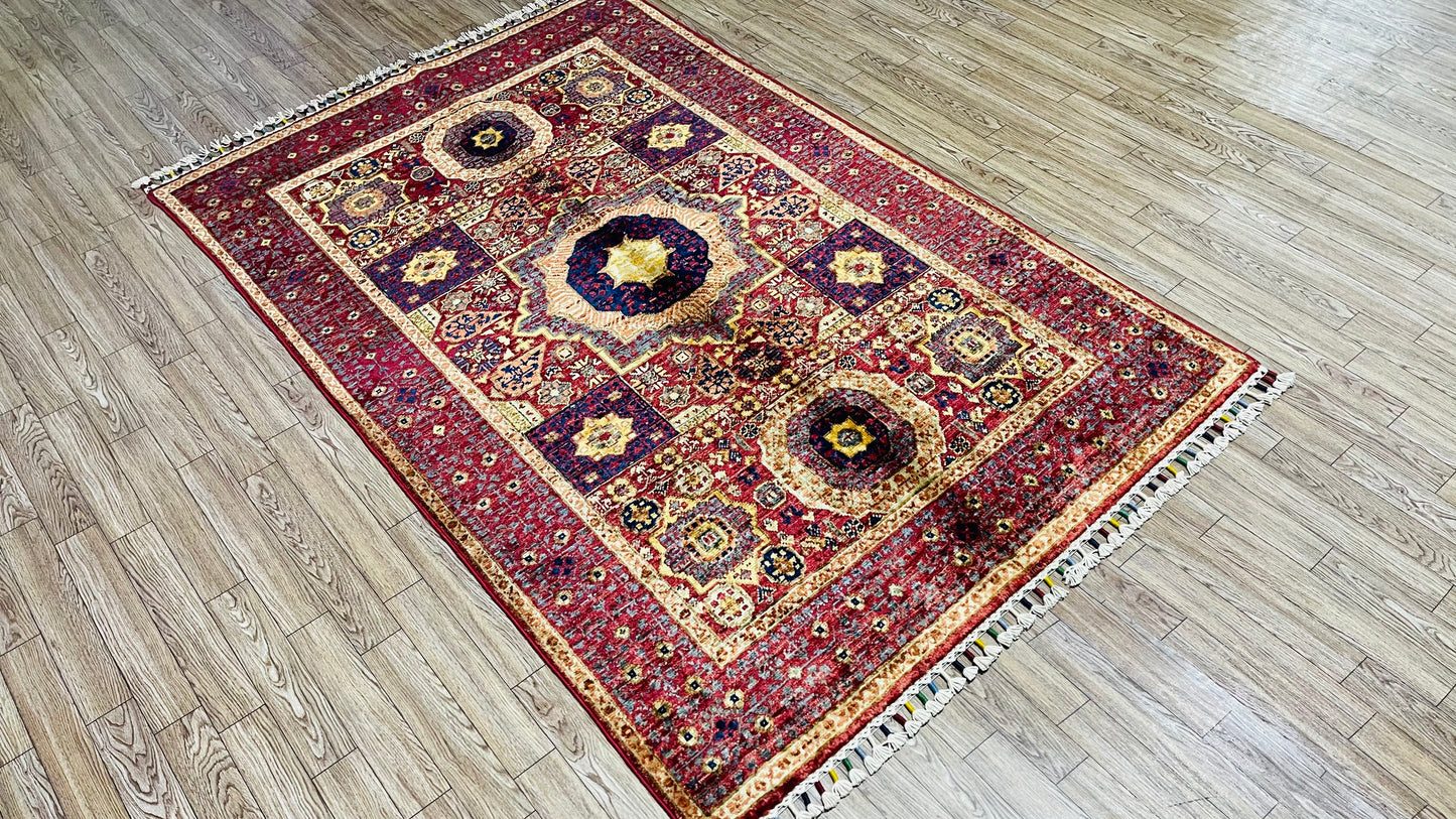 One of a Kind, Pure Wool, Naturally Dyed, Hand Knotted, Fine Afghan Tribal Mamluk Area Rug – 4’ 11’’ x 3’ 3’’