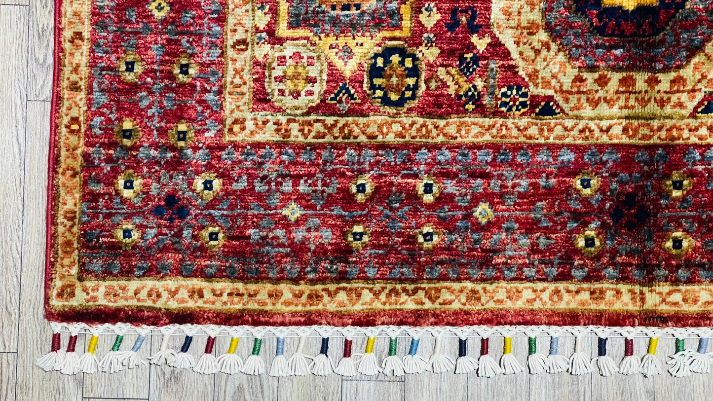 One of a Kind, Pure Wool, Naturally Dyed, Hand Knotted, Fine Afghan Tribal Mamluk Area Rug – 4’ 11’’ x 3’ 3’’