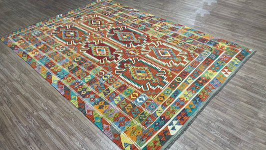 Colorful, Handwoven, Fine Afghan Maimana Kilim -Reversible Area Rug - 9’ 8’’ x 6’ 6’’