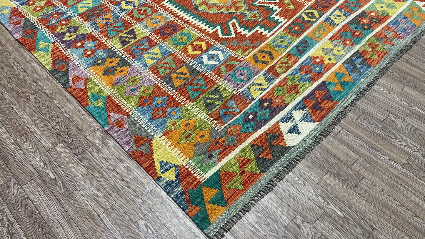 Colorful, Handwoven, Fine Afghan Maimana Kilim -Reversible Area Rug - 9’ 8’’ x 6’ 6’’