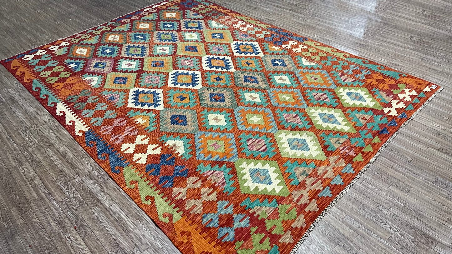 Colorful, Handwoven, Fine Afghan Maimana Kilim -Reversible Area Rug - 9’ 6’’ x 6’ 6’’