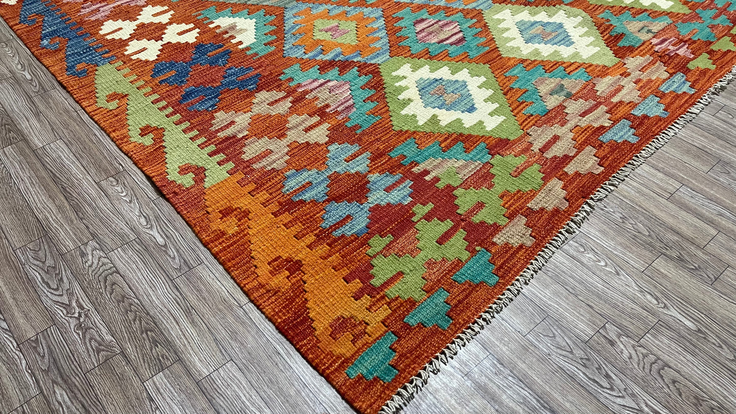 Colorful, Handwoven, Fine Afghan Maimana Kilim -Reversible Area Rug - 9’ 6’’ x 6’ 6’’