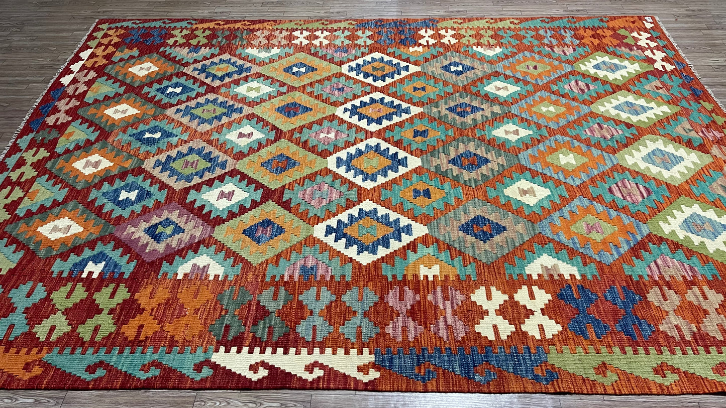 Colorful, Handwoven, Fine Afghan Maimana Kilim -Reversible Area Rug - 9’ 6’’ x 6’ 6’’