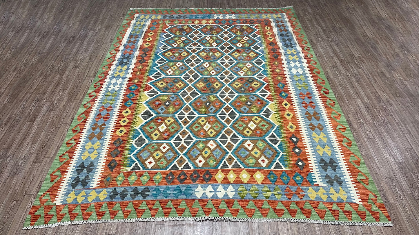 Colorful, Handwoven, Fine Afghan Maimana Kilim - Reversible Area Rug -  9’ 6’’ x 6’ 8’’