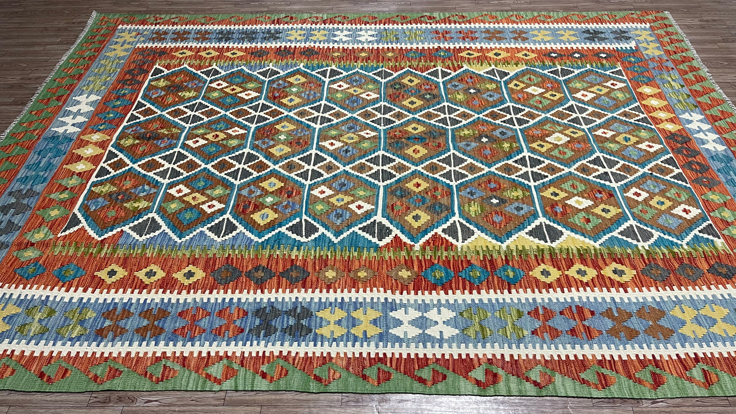 Colorful, Handwoven, Fine Afghan Maimana Kilim - Reversible Area Rug -  9’ 6’’ x 6’ 8’’