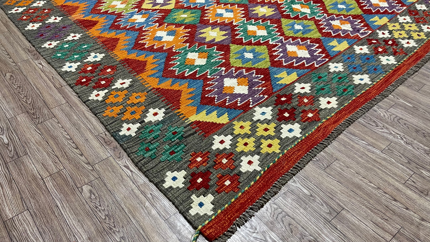 Colorful, Handwoven, Fine Afghan Maimana Kilim -Reversible Area Rug - 10’ 0’’ x 6’ 7’’