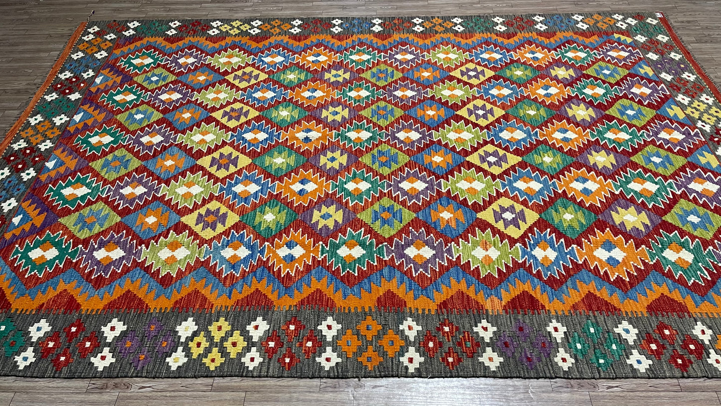 Colorful, Handwoven, Fine Afghan Maimana Kilim -Reversible Area Rug - 10’ 0’’ x 6’ 7’’