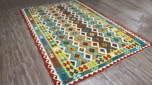 Colorful, Handwoven, Fine Afghan Maimana Kilim - Reversible Area Rug - 9’ 12’’ x 6’ 7’’