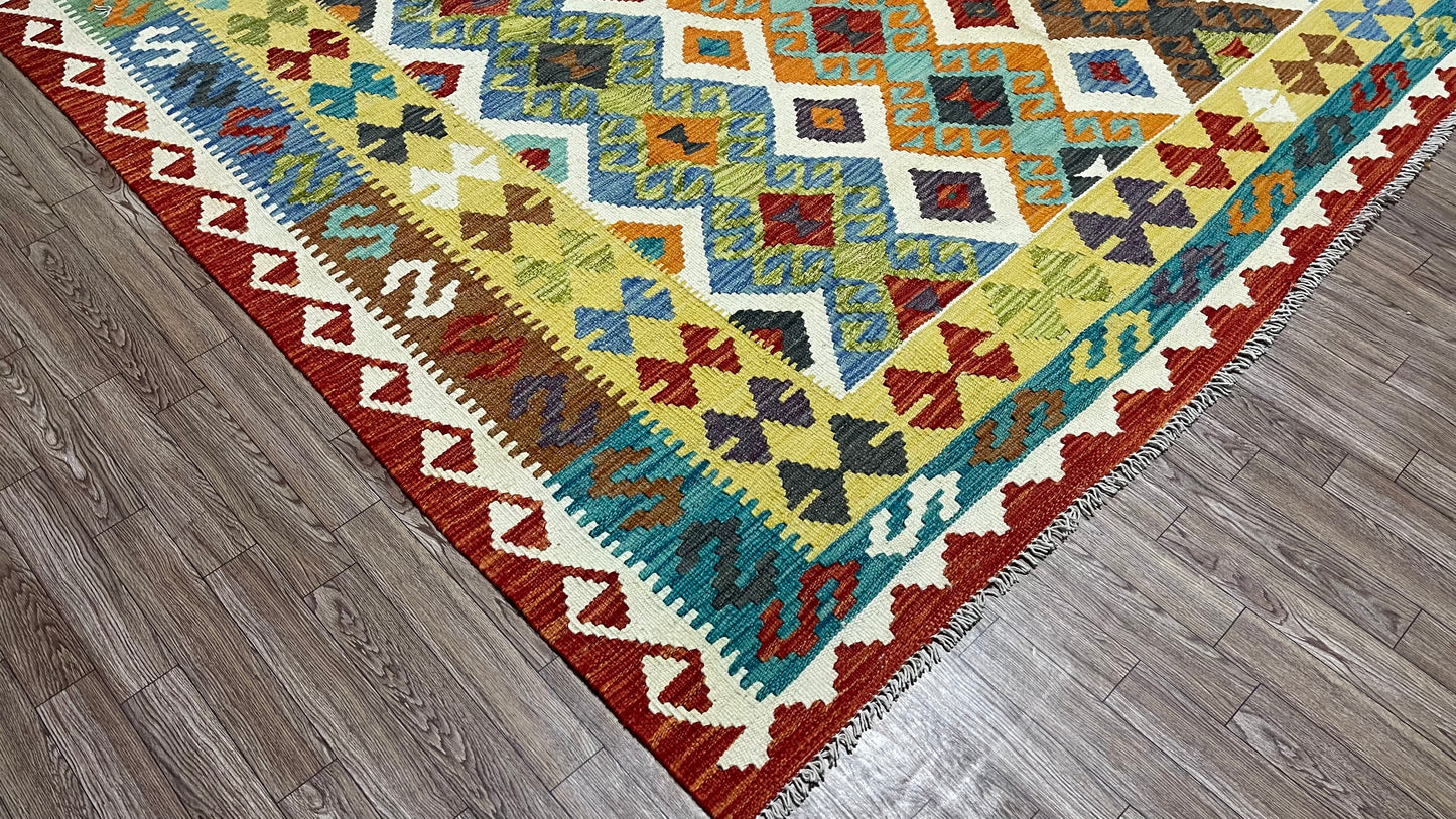 Colorful, Handwoven, Fine Afghan Maimana Kilim - Reversible Area Rug - 9’ 12’’ x 6’ 7’’