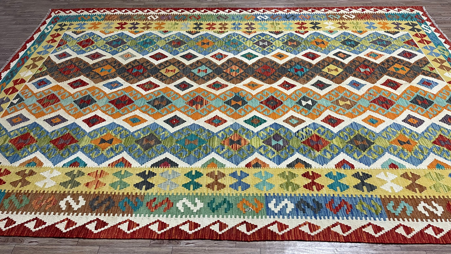 Colorful, Handwoven, Fine Afghan Maimana Kilim - Reversible Area Rug - 9’ 12’’ x 6’ 7’’