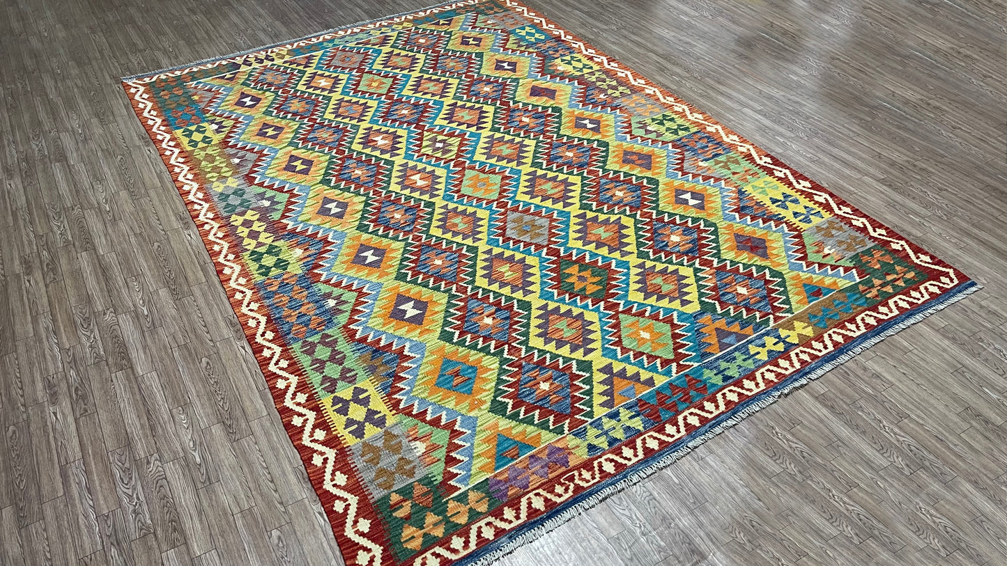 Colorful, Handwoven, Fine Afghan Maimana Kilim -Reversible Area Rug - 9’ 8’’ x 6’ 9’’