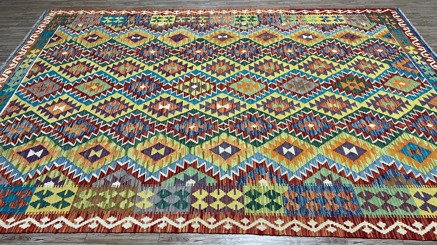 Colorful, Handwoven, Fine Afghan Maimana Kilim -Reversible Area Rug - 9’ 8’’ x 6’ 9’’