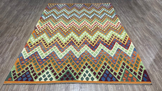 Colorful, Handwoven, Fine Afghan Maimana Kilim - Reversible Area Rug - 9’ 9’’ x 6’ 7’’