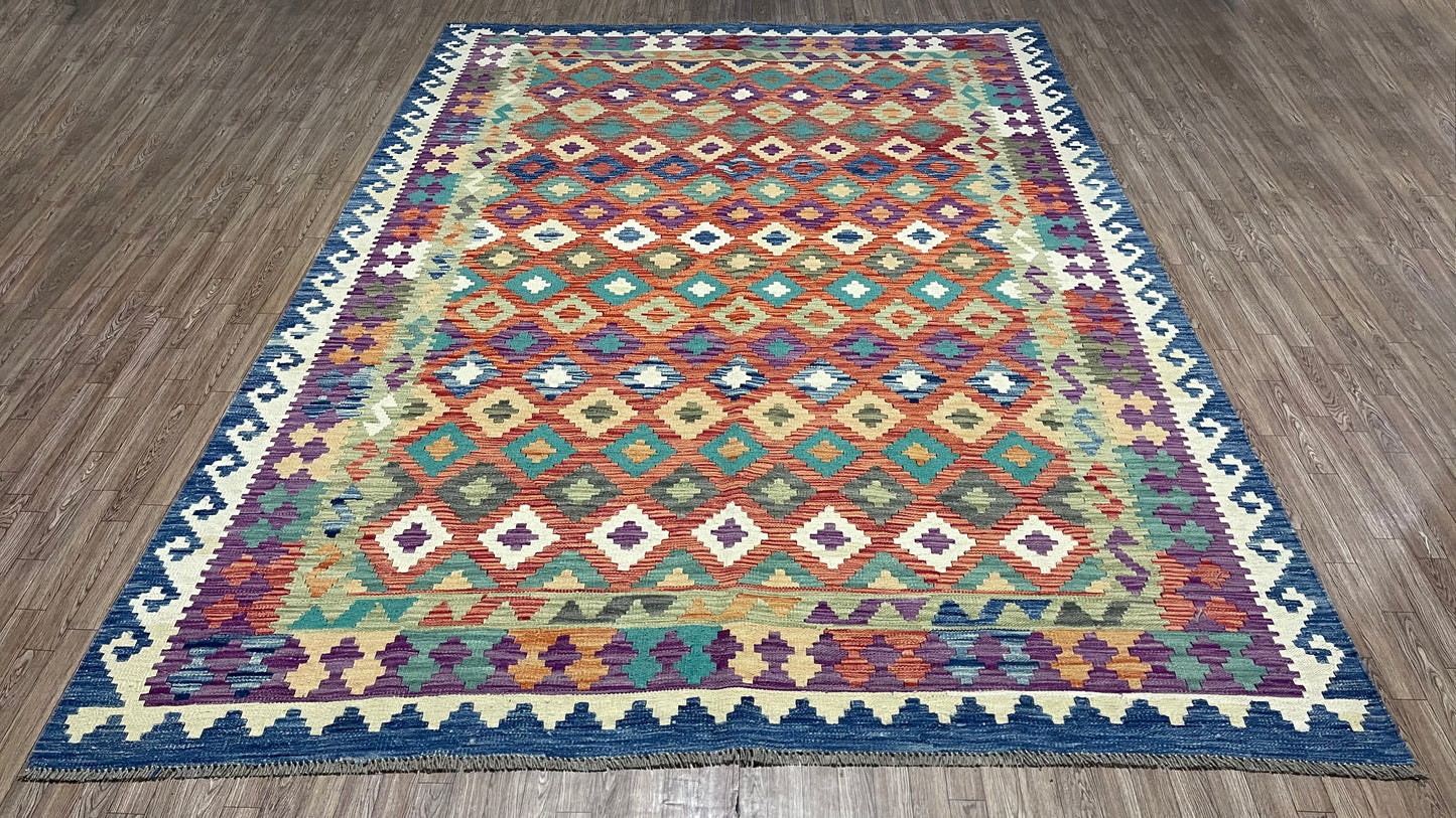 Colorful, Handwoven, Fine Afghan Maimana Kilim -Reversible Area Rug - 9’ 9’’ x 6’ 7’’