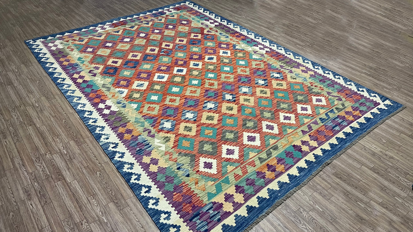 Colorful, Handwoven, Fine Afghan Maimana Kilim -Reversible Area Rug - 9’ 9’’ x 6’ 7’’