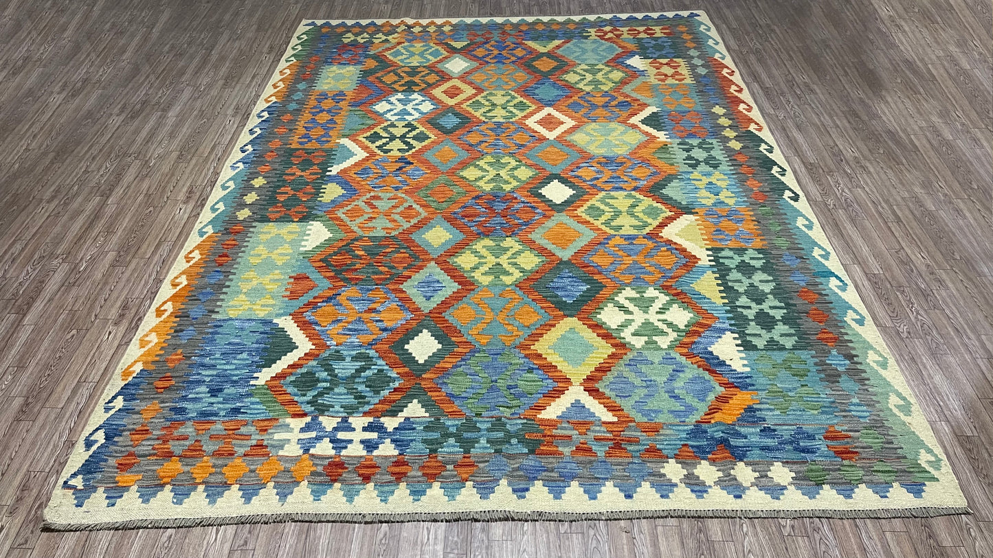 Colorful, Handwoven, Fine Afghan Maimana Kilim -Reversible Area Rug - 9’ 7’’ x 6’ 9’’