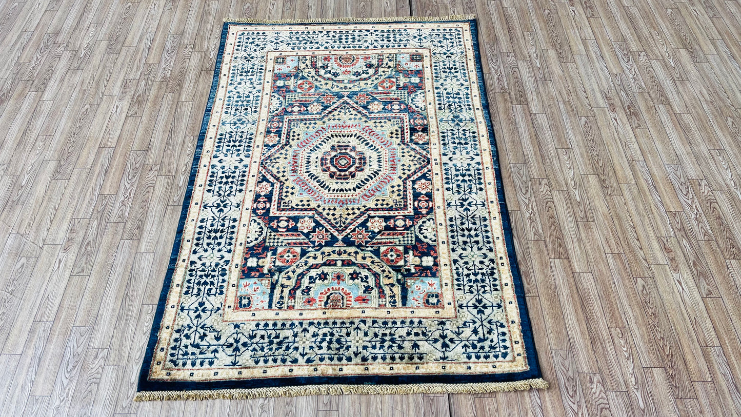 One of a Kind, Pure Wool, Naturally Dyed, Hand Knotted, Fine Afghan Tribal Mamluk Area Rug – 4’ 10’’ x 3’ 3’’