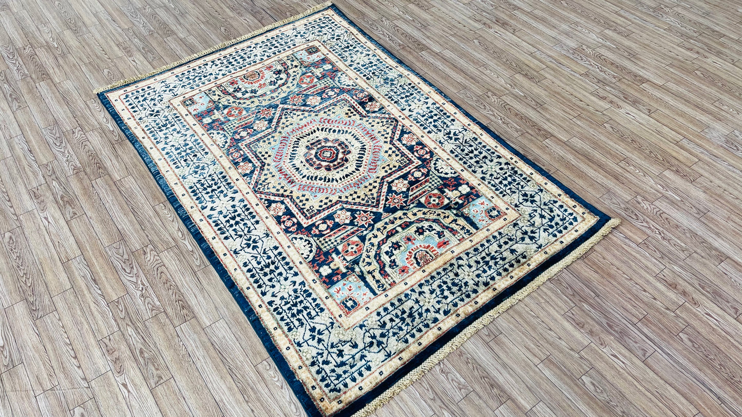 One of a Kind, Pure Wool, Naturally Dyed, Hand Knotted, Fine Afghan Tribal Mamluk Area Rug – 4’ 10’’ x 3’ 3’’