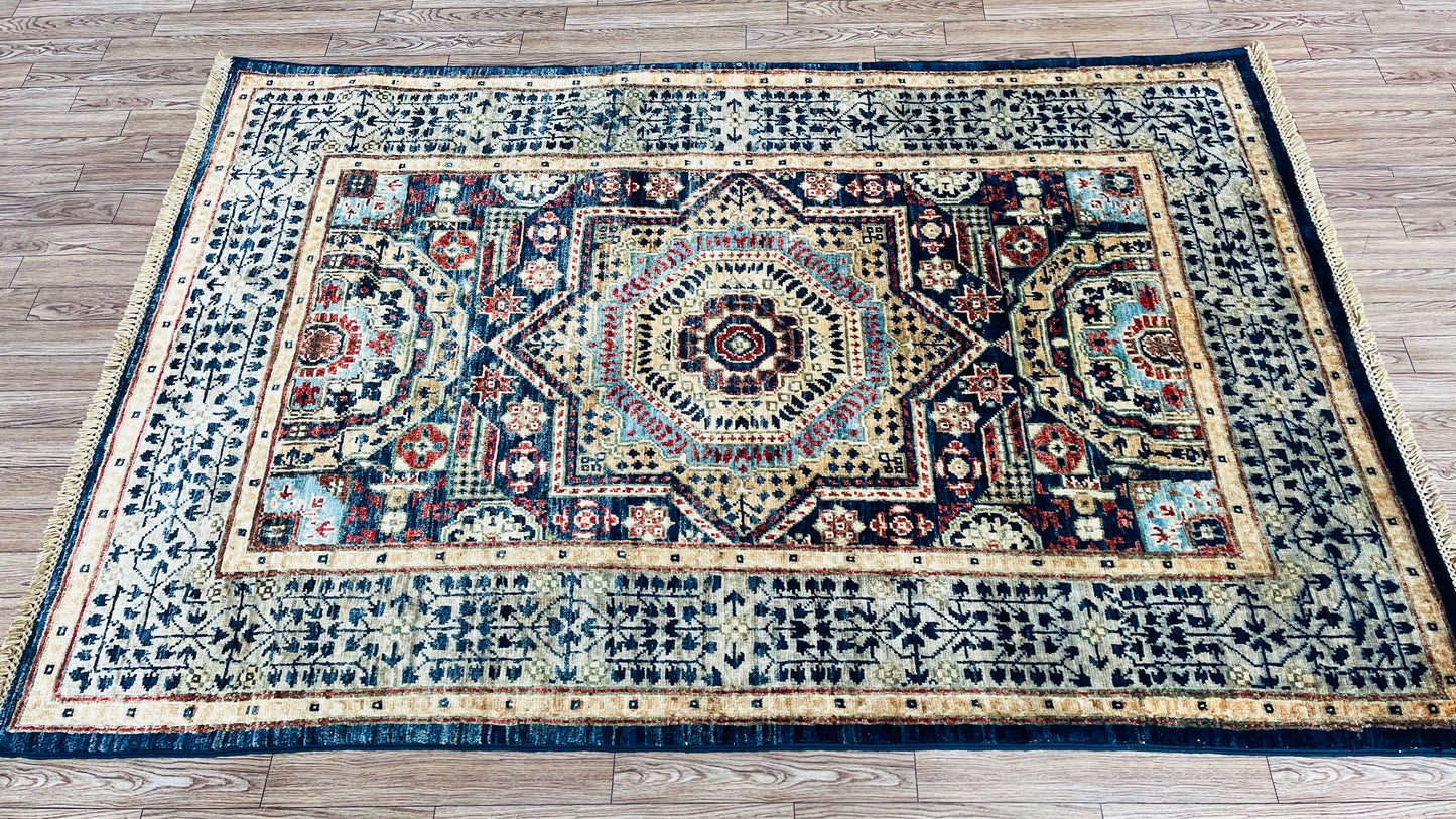 One of a Kind, Pure Wool, Naturally Dyed, Hand Knotted, Fine Afghan Tribal Mamluk Area Rug – 4’ 10’’ x 3’ 3’’