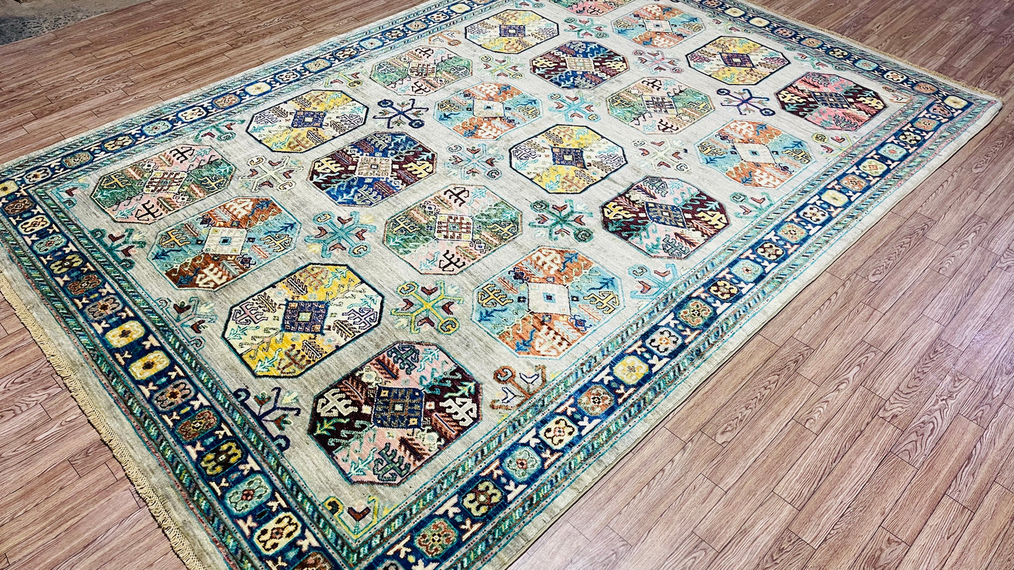 One of a Kind, Pure Wool, Naturally Dyed, Hand Knotted, Fine Afghan Traditional Feel Pai Area Rug – 8’ 2’’ x 5’ 6’’