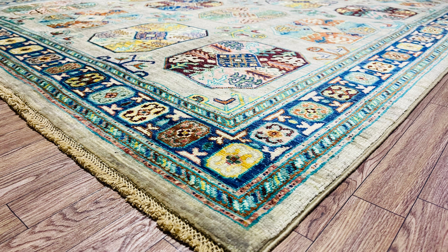 One of a Kind, Pure Wool, Naturally Dyed, Hand Knotted, Fine Afghan Traditional Feel Pai Area Rug – 8’ 2’’ x 5’ 6’’