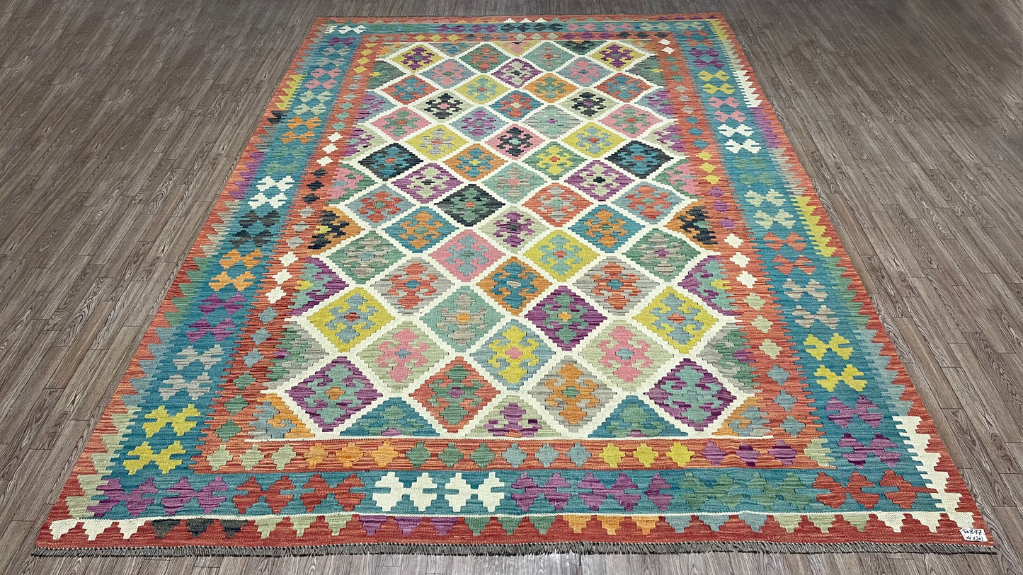 Colorful, Handwoven, Fine Afghan Maimana Kilim - Reversible Area Rug -9’ 12’’ x 6’ 7’’