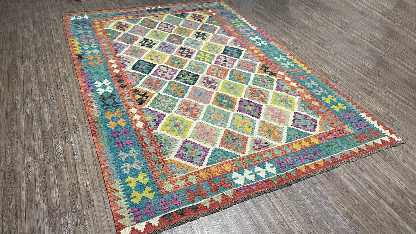 Colorful, Handwoven, Fine Afghan Maimana Kilim - Reversible Area Rug -9’ 12’’ x 6’ 7’’