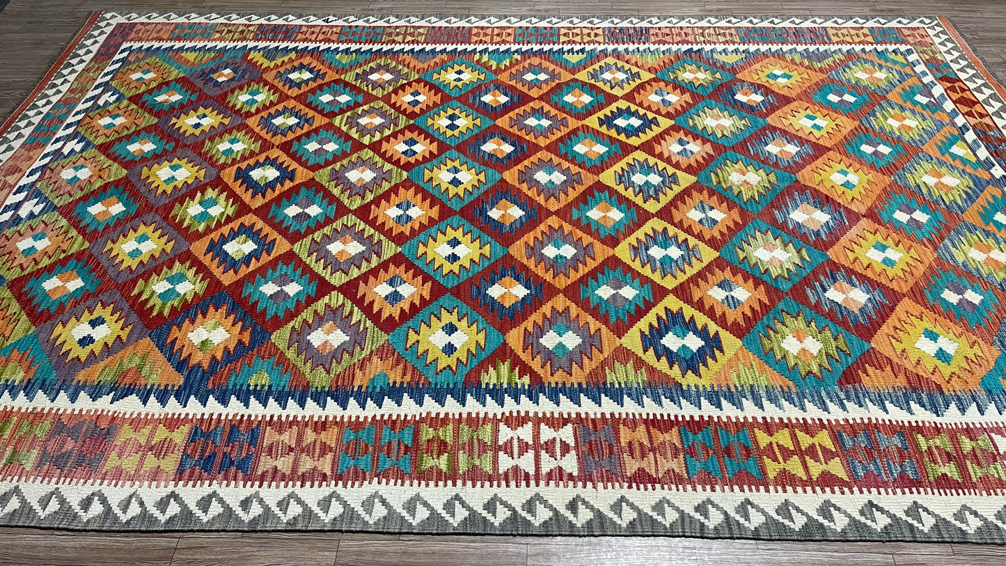 Colorful, Handwoven, Fine Afghan Maimana Kilim - Reversible Area Rug -10’ 2’’ x 6’ 8’’