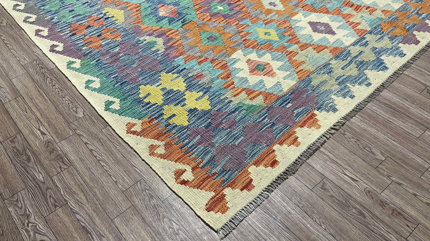 Colorful, Handwoven, Fine Afghan Maimana Kilim - Reversible Area Rug - 10’ 1’’ x 6’ 7’’