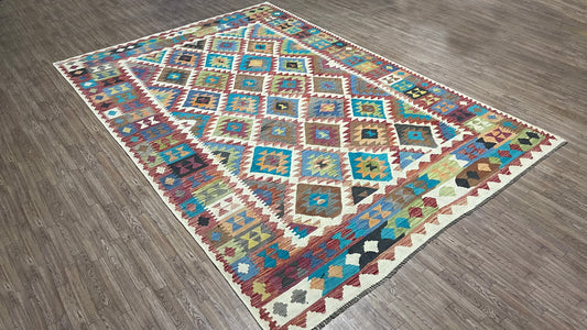 Colorful, Handwoven, Fine Afghan Maimana Kilim - Reversible Area Rug - 9’ 10’’ x 6’ 8’’