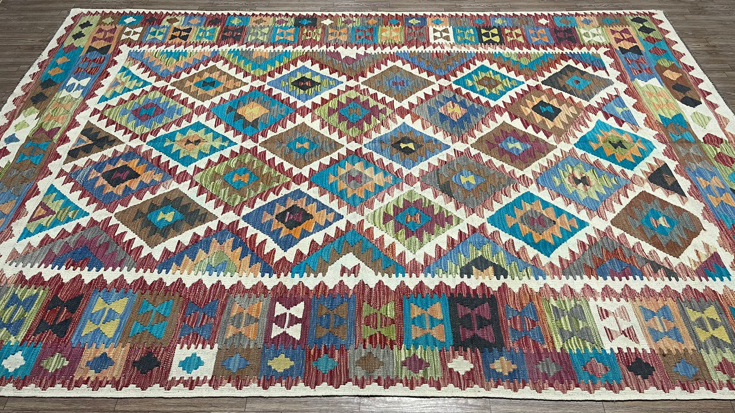 Colorful, Handwoven, Fine Afghan Maimana Kilim - Reversible Area Rug - 9’ 10’’ x 6’ 8’’