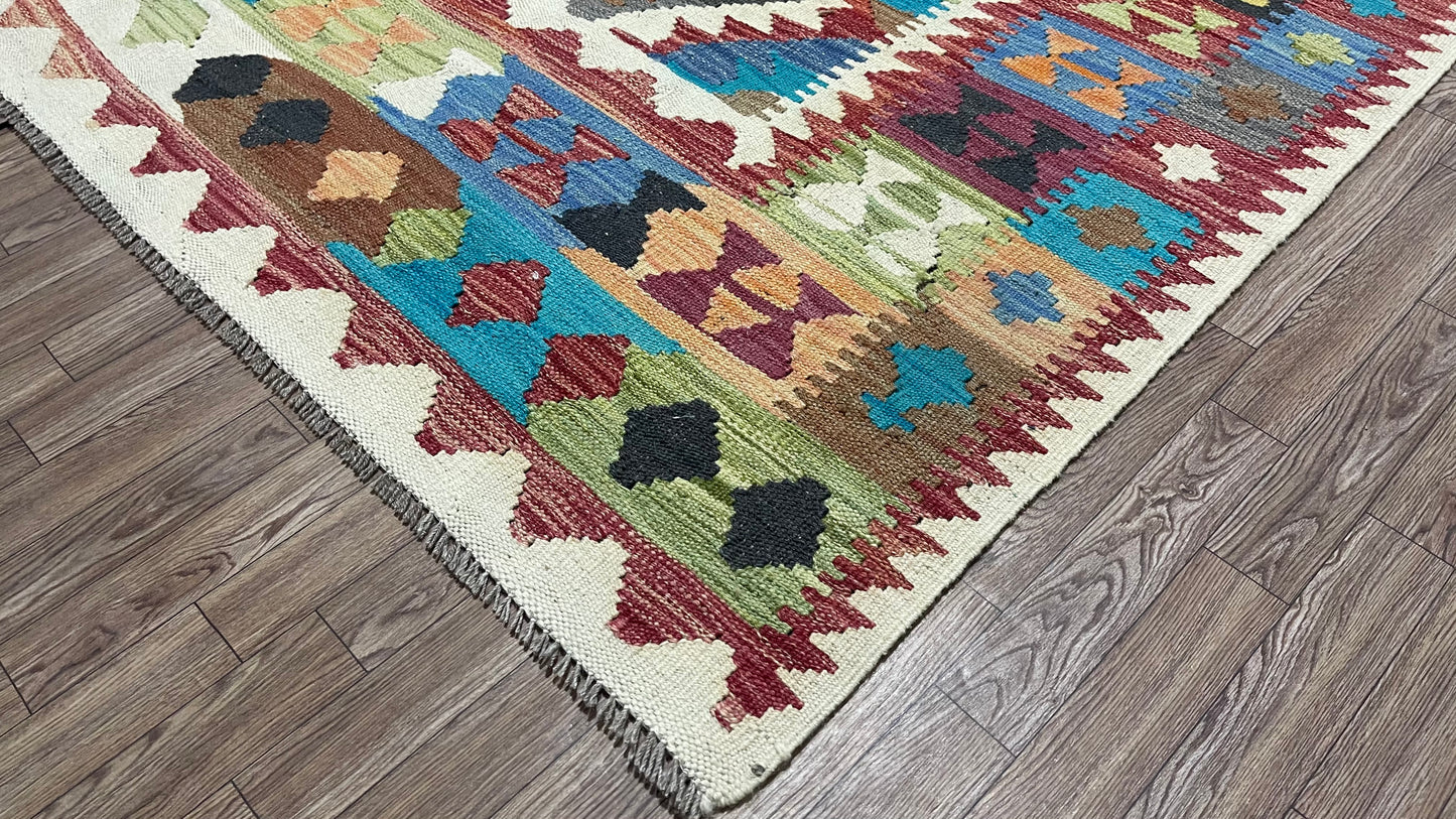 Colorful, Handwoven, Fine Afghan Maimana Kilim - Reversible Area Rug - 9’ 10’’ x 6’ 8’’